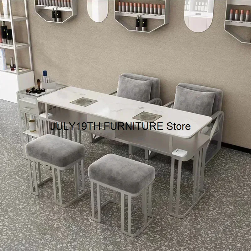 Light Luxury Silver Nail Tables Professional Salon Furniture for Beauty Salon Manicure Table and Chair Set with Vacuum Cleaner