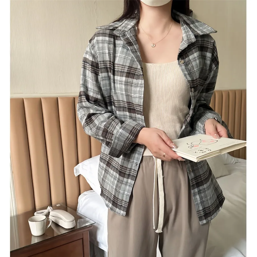 Casual Chic Donna irt Coreano Sle Primavera Autunno Plaid Lungo Sve Lazy Sle Versatile Semplice Stratificazione Top Traspirante Sk...