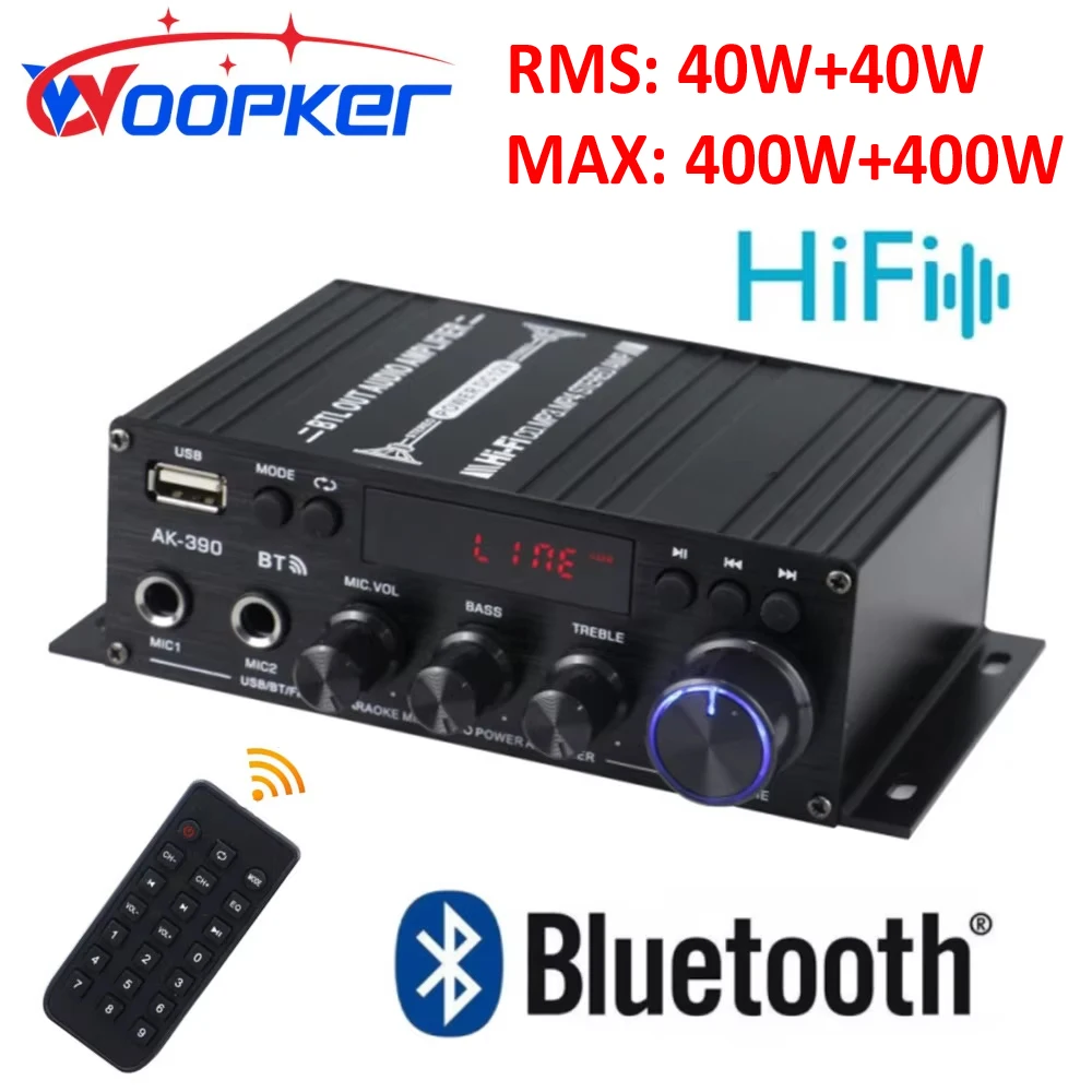 WOOPKER AK390 Sound Amplifier BT 5.0 HiFi Power Amplifier 800W Stereo Digital AMP BASS Media Player for Home Audio-visual System