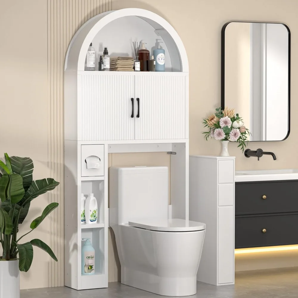 خزانة تخزين الحمام فوق المرحاض، منظم على شكل قوس مع ميزة ثابتة ورفوف قابلة للتعديل