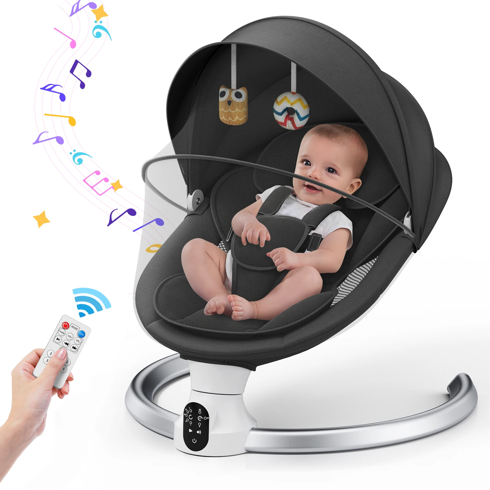 Transat Électrique pour Bébé – Balancelle Connectée avec Application et Télécommande, 3 Minuteurs, 5 Vitesses de Balancement, 10 Mélodies, Transat Bluetooth pour Bébé