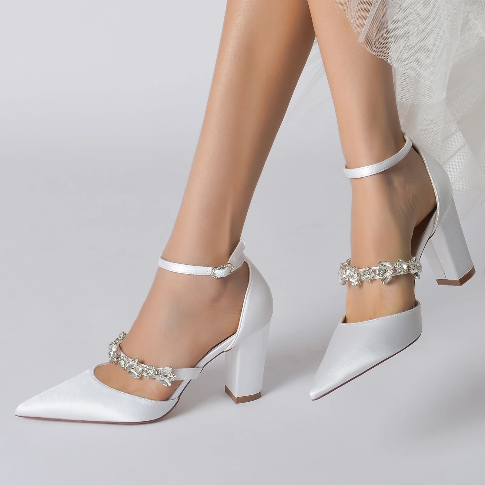 

Thick Heel Lady Satin Evening Dress Shoes Pointed Toe with Crystal Strap Middle Ankle Strap Bridal Wedding Party Cocktail Lady