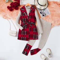 Three Piece Autumn And Winter Girl Cute Daily Casual Plaid Jacket Knitted Long Sleeved High Necked T-Shirt Long Pants Party Set