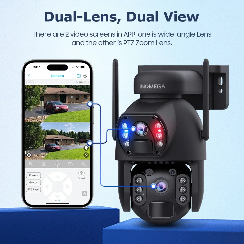 INQMEGA 6MP Wifi PTZ Camera 4G SIM Smart Al PIR Human Detection Dual Lens Red and Blue Alarm Light Two-Way Audio Outdoor Camera