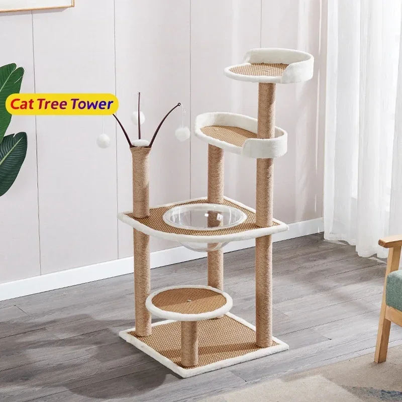 4 طبقات خشبية شجرة القط بيت الروطان حصيرة برج القط مع حبل السيزال أعمدة خدش القطط #3