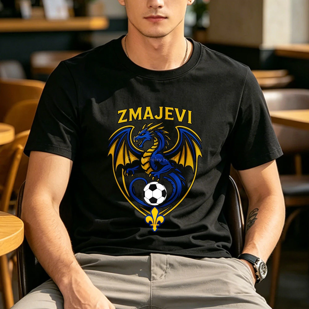 Slim Fit Bosnian Soccer Supporter Sweatshirt T-shirt Crew Neck Short Sleeve Black Blue Yellow Shield Emblem Dragon Fleur De Lis