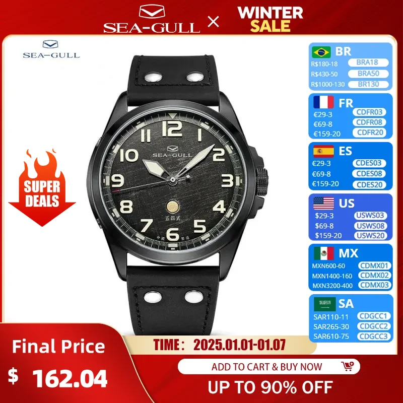 Seagull 43mm Pilot Watch Vintage Military Enthusiasts Men's Automatic Mechanical Watches Nylon Strap Luminous 10Bar 6107