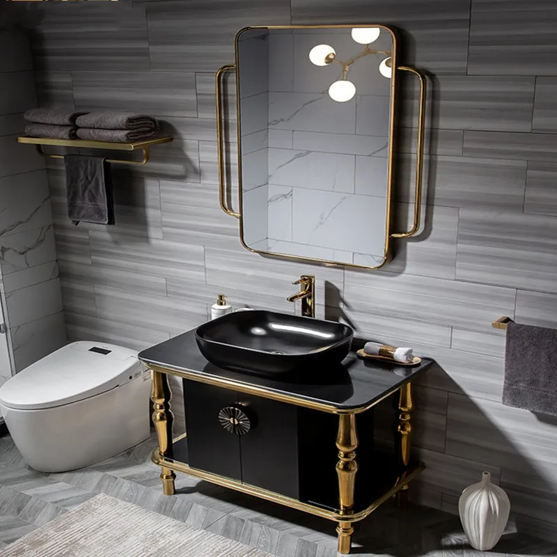 

Customized light luxury rock slab bathroom cabinet combination bathroom stainless steel washstand floor cabinet wabi sandy