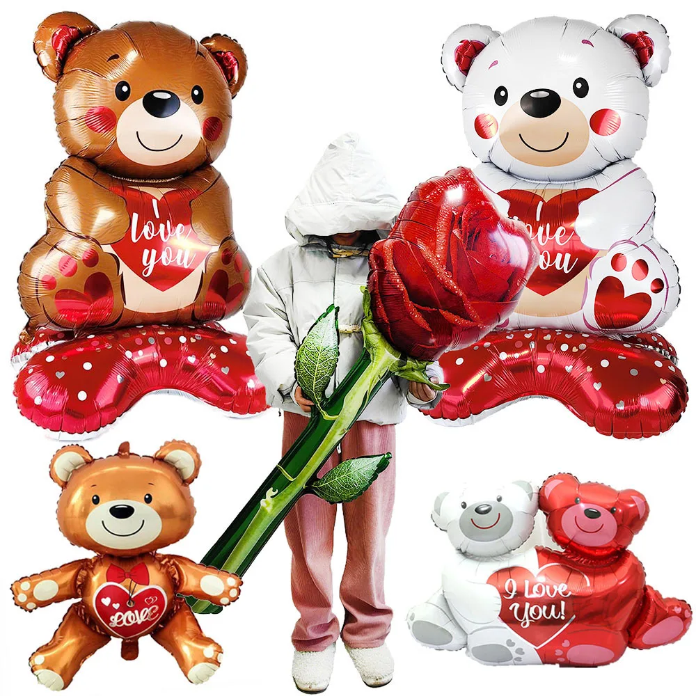 Giant Rose Valentine's Day Balloon Standing Teddy Bear Balloon Birthday Party Holidays Valentines Night Romantic Decorations