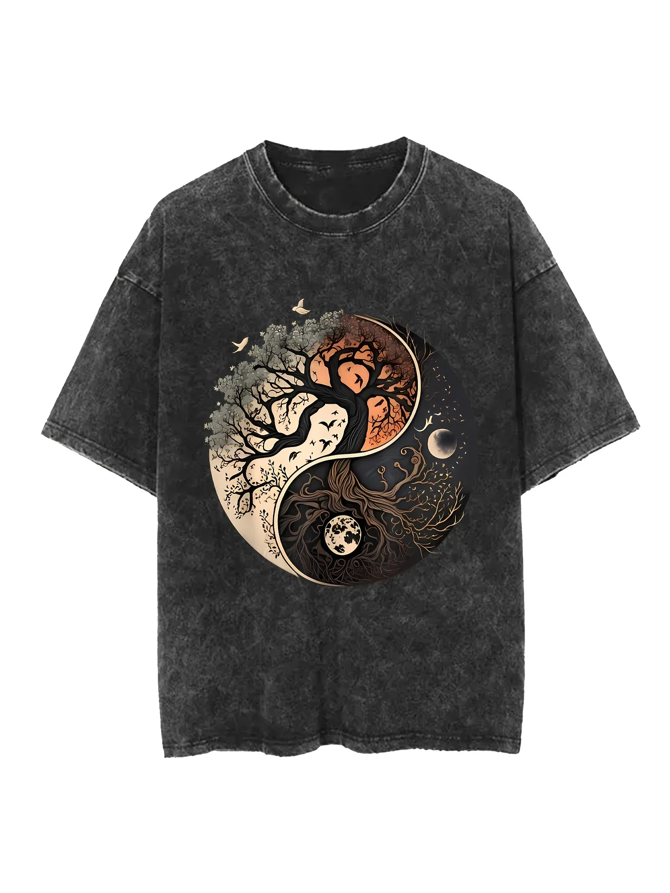 Camiseta lavada vintage inspirada en Y2K con estampado de luna y estrella - Cuello redondo, manga corta, lavable a máquina - Moda femenina, Y2K St