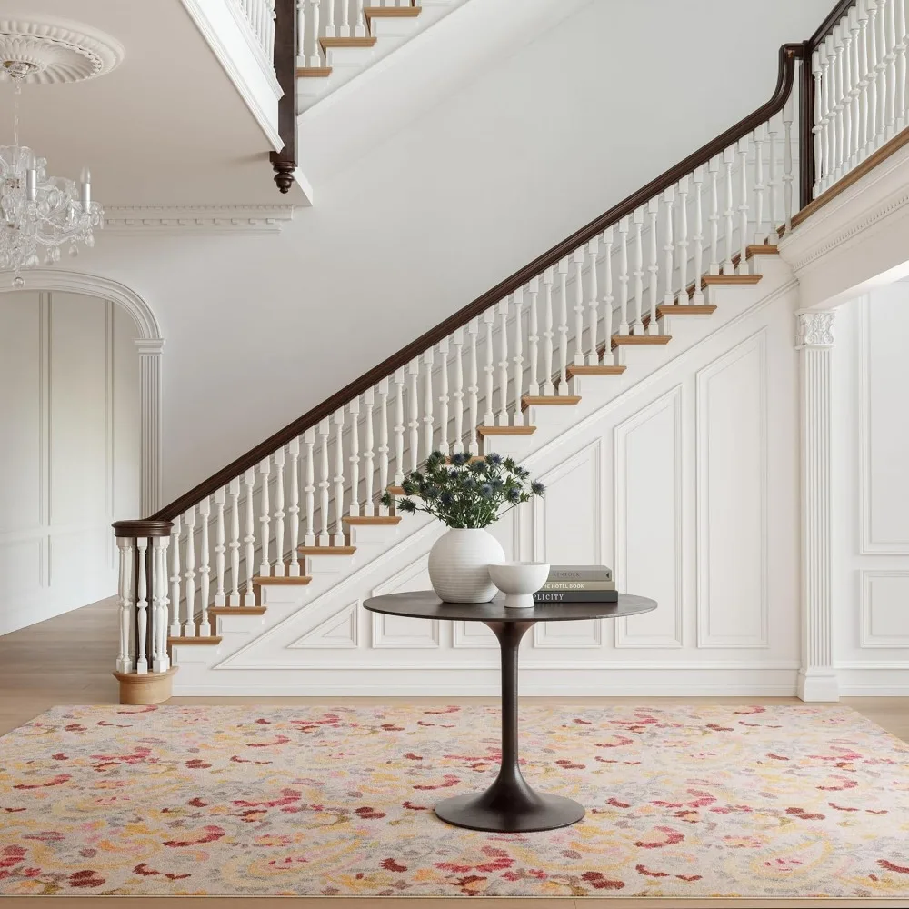 Wielobarwny dywan z kwiatowym wzorem, nadający się do prania w pralce, 120x180 cm, żółte akcenty, wytrzymały i stylowy dywan do domu.