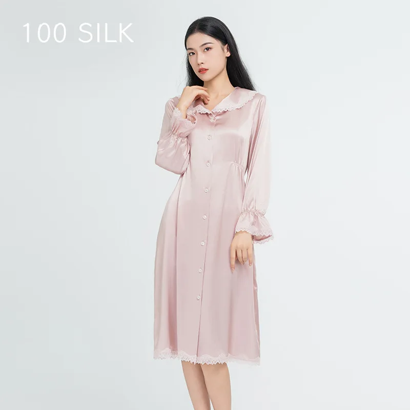 High Quality Natural Heavy Real Silk Nightdress 2024 New Pajamas Women's Lace Stitching High-Grade Home Wear