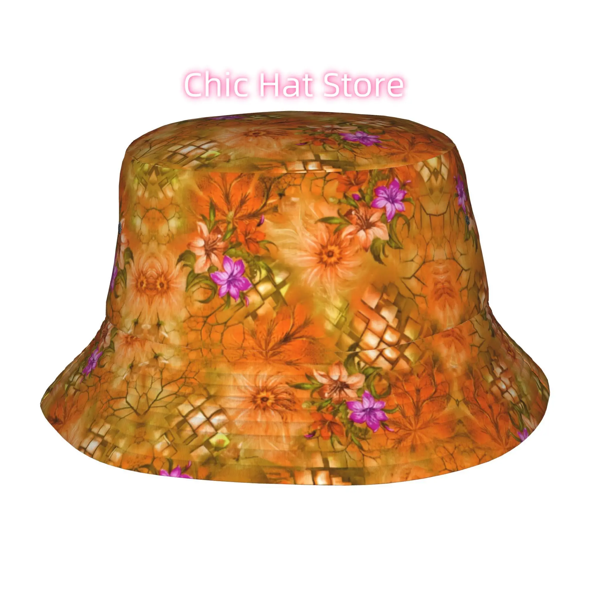 1pc Orange Floral Mosaic Pattern Fully Printed Fisherman Hat Beach Hat, Unisex Outdoor Sun Hats, Sun Hats, Fashionable Bucket