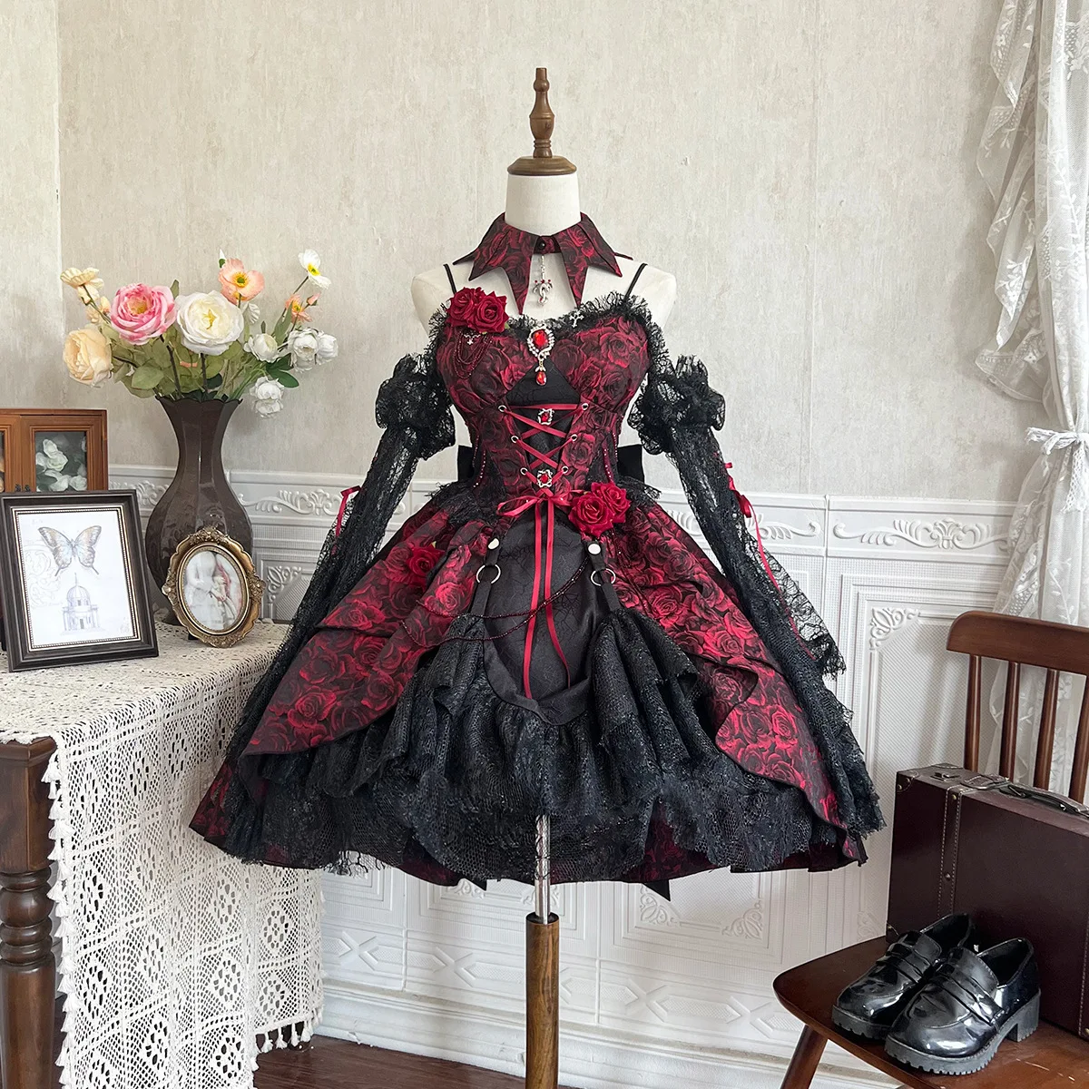 Originale Rose Jsk Lolita Palace Abito rosso nero con cinturino gotico Patch in pizzo Abito estivo Dobby Cake Ball Gown Gonna Vestido