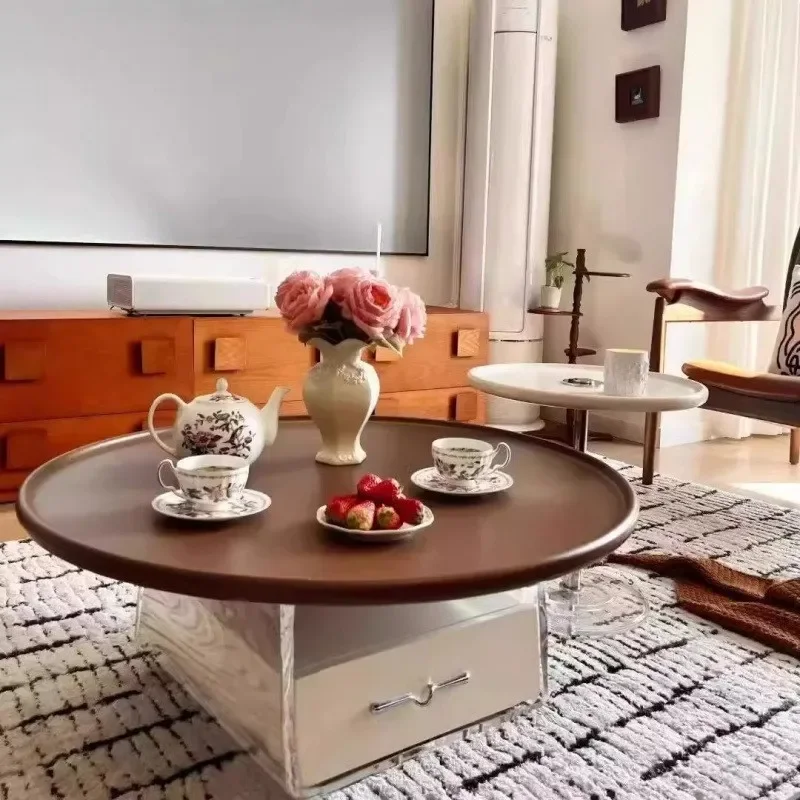 Modern Simple Retro Round Cream Coffee Table Acrylic French Style Small Apartment Living Room Home Furniture Combination