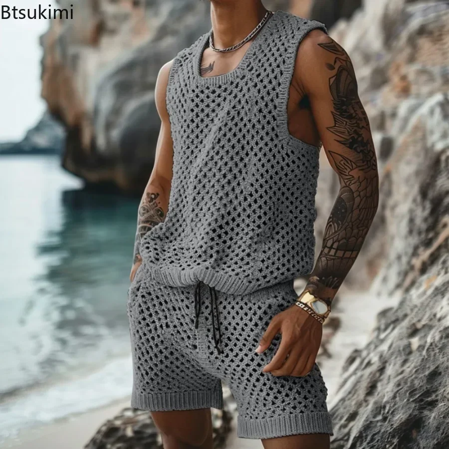 2025 Heren Zomer Casual Gebreide Tweedelige Sets Mode Effen Losse Tank Tops en Shorts Strand Sport Pak Mannen uitgehold Streetwear