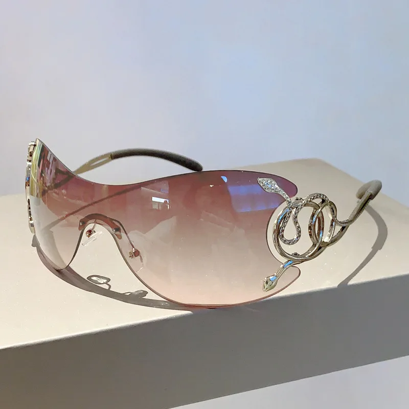 Y2k Rimless Sunglasses Women One Piece Lens Outdoor Shades Trendy Luxury Brand Design Metal Frame Punk Glasses Eyewear Goggle