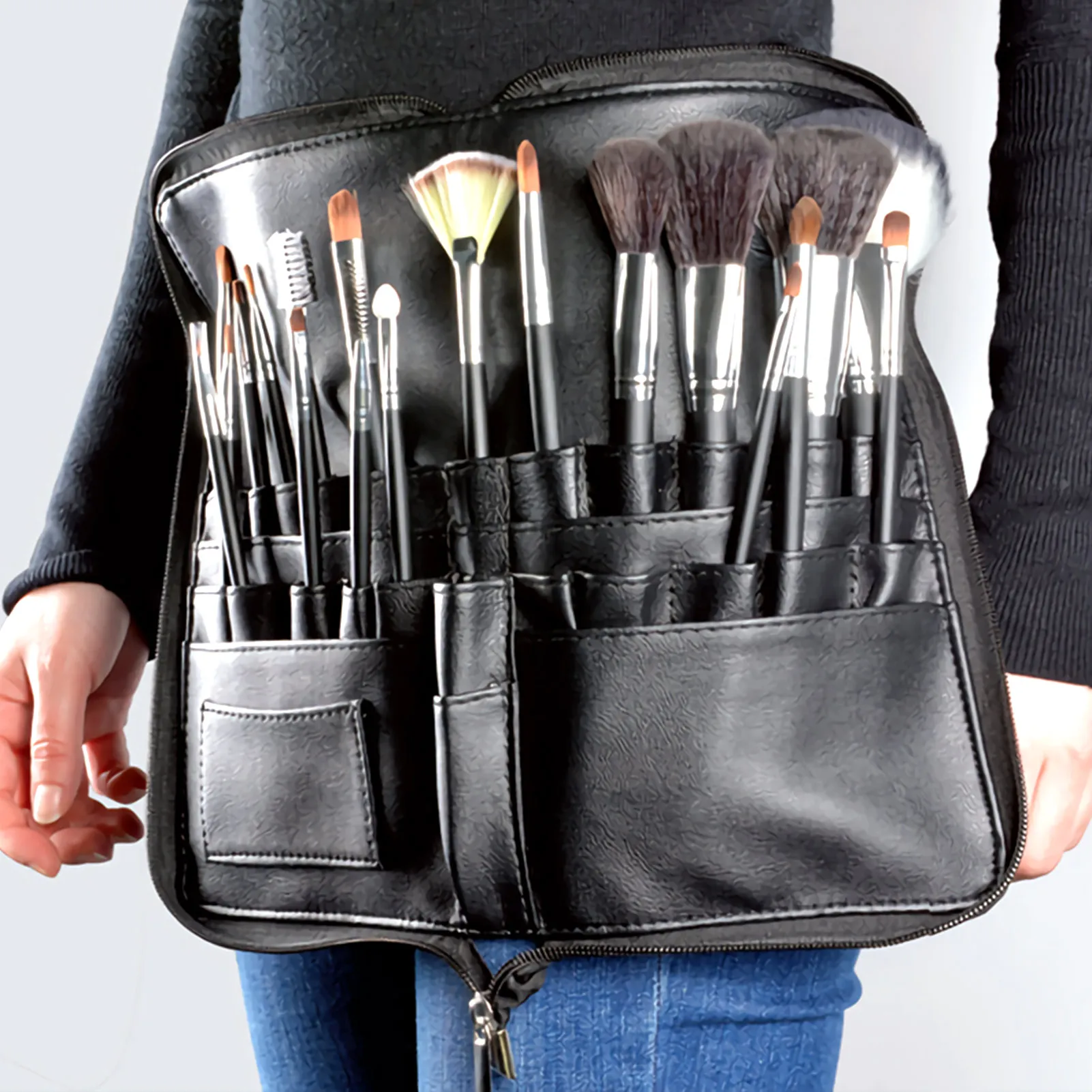 Professional Cosmetic Makeup Brush Waist Bag Multiple Pocket Makeup Brush Bag PU Leather  Makeup Brush Apron Bag Portable