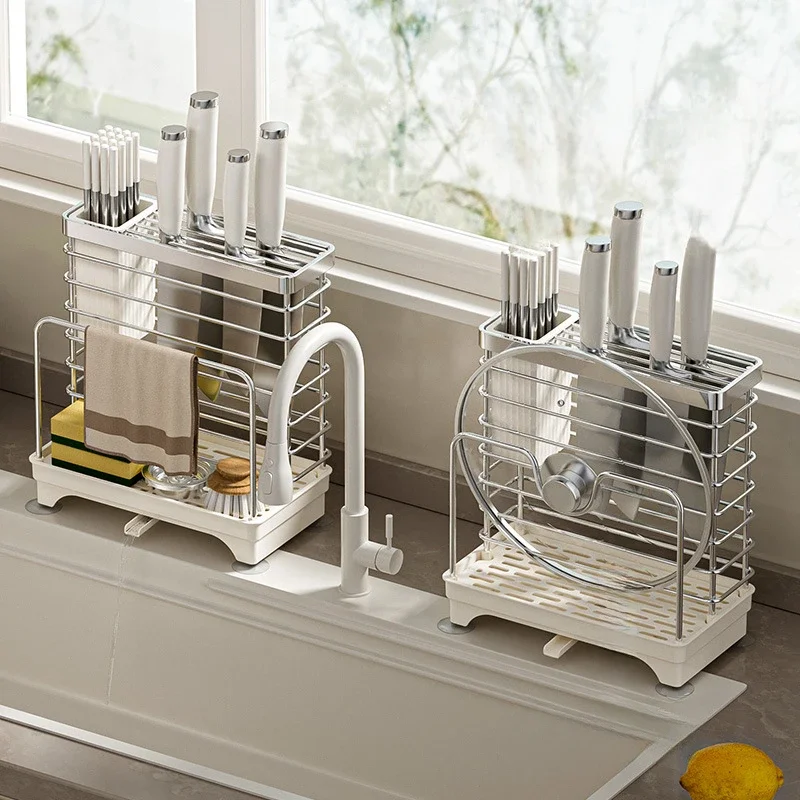 3 in 1 Stainless Steel Knife Holder with Utensils and Chopping Board Organizer,Kitchen Countertop Gadgets Storage Rack,Container