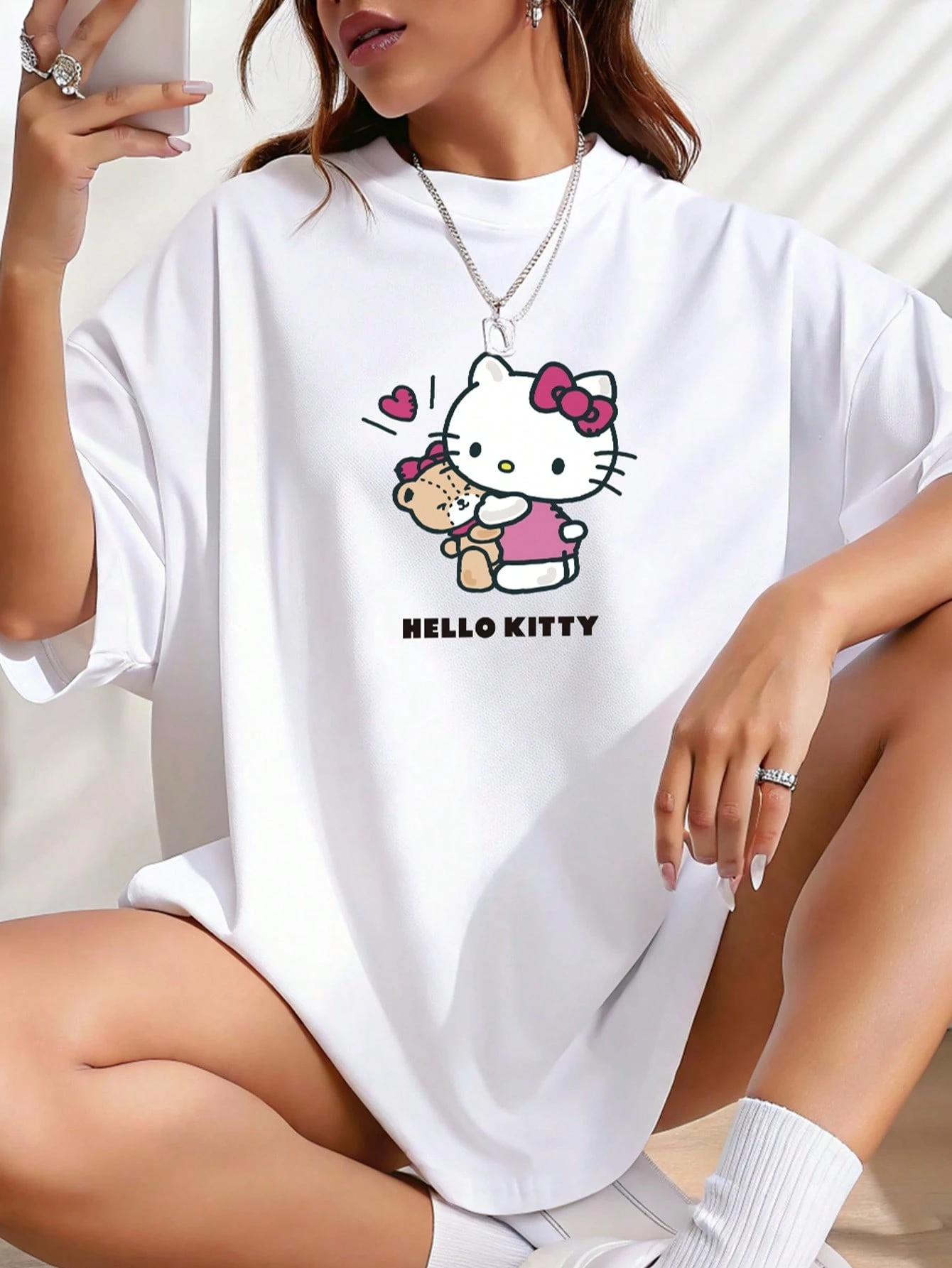 

Sanrio Hello Kitty, хлопковая футболка с милым принтом и короткими рукавами, летние базовые женские топы, летняя футболка Kawaii большого размера с изображением Hello Kitty