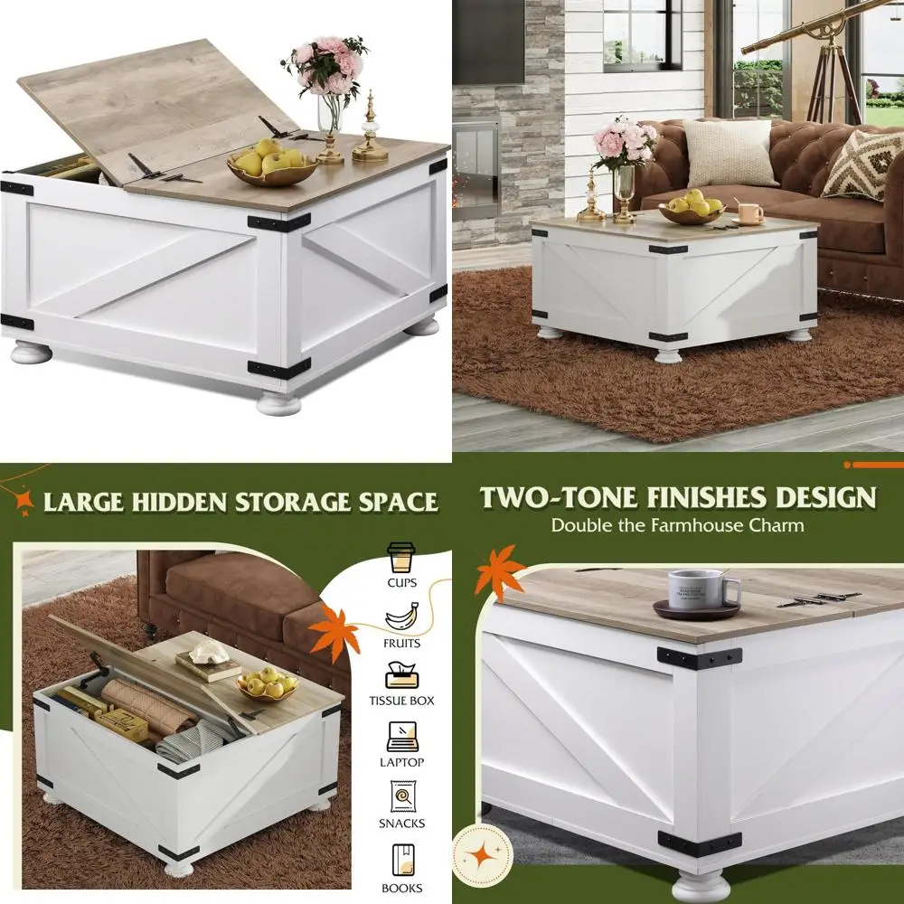 

Square Wooden Coffee Table with Flip-Top Lids and Hidden Storage for Living Room