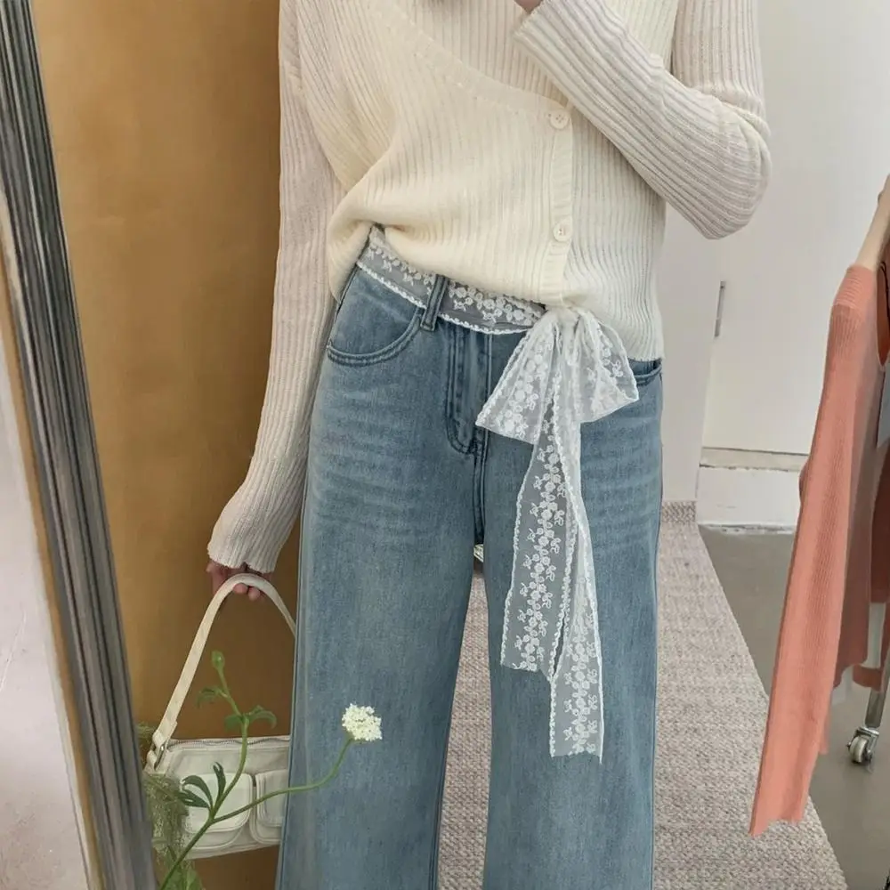 Корейский длинный кружевной пояс Y2k с цветочным бантом, кружевной пояс, тонкий пояс с завязками, джинсовый пояс, летний пояс