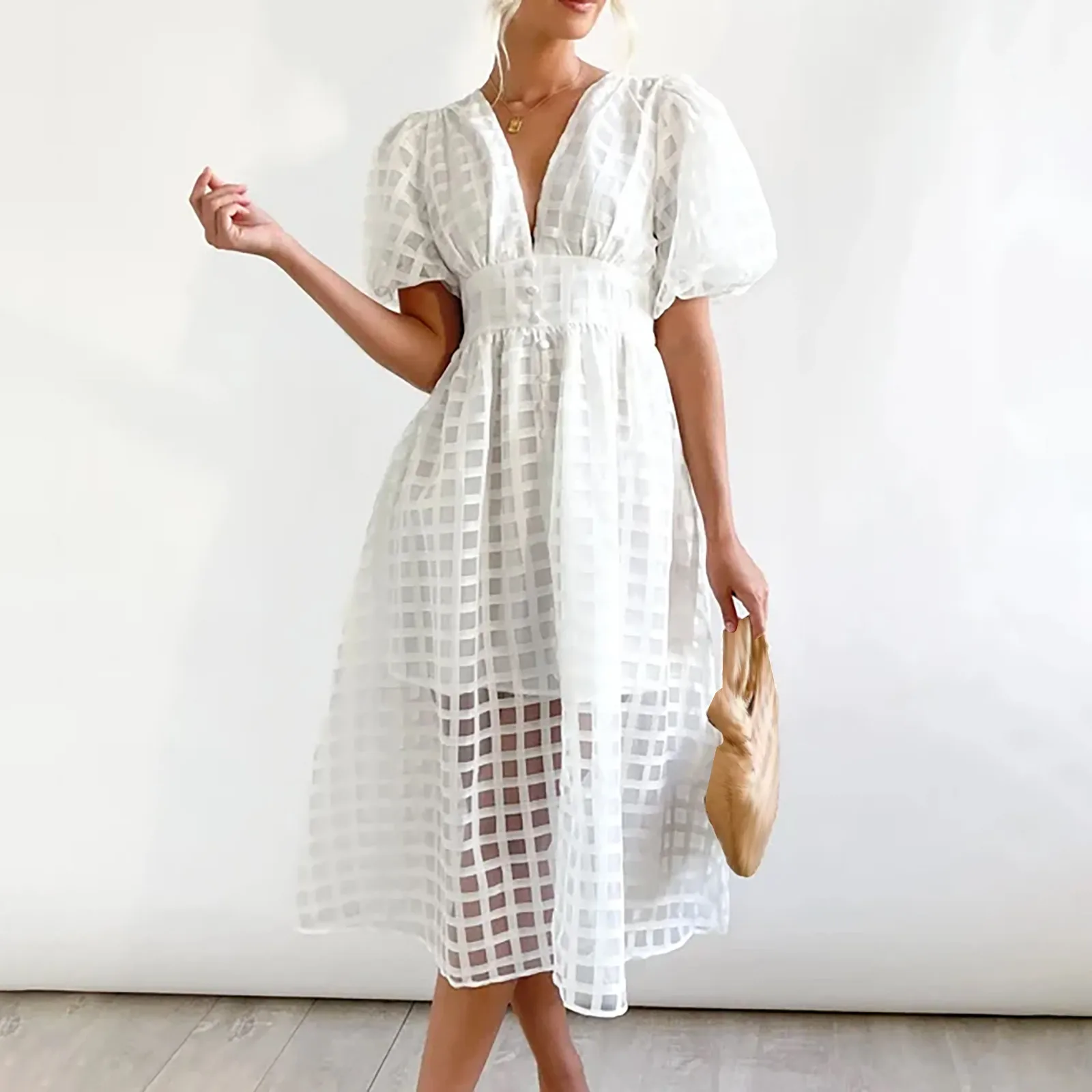 Fall Wedding Guest Dresses For Women Casual High Waist Short Sleeve V-neck Slim Sundress Elegant Party Dresses For Women