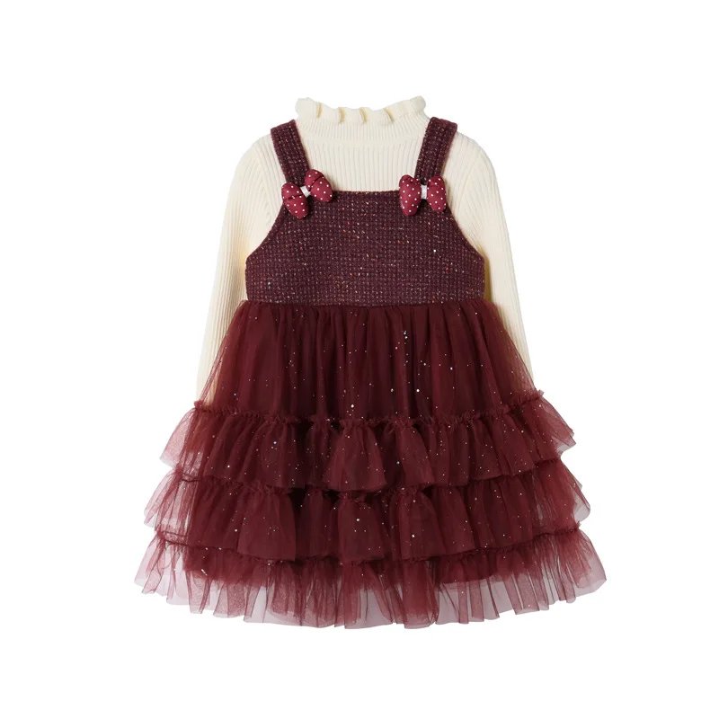 Girls' Dress  Winter Collection Stylish Children's Tulle Puff-Sleeve Dress  Bow Princess-Style Red Two-Piece Set with Sequins