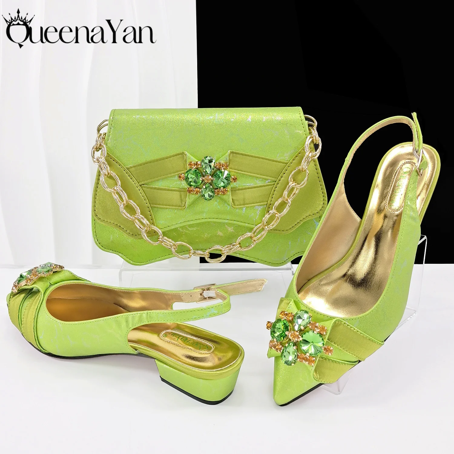 Queena Yan Italian Fashion Sandals and Bag Matching Set 2025 Women Party Perfect matching for Lemon Green Color Wedding Shoes