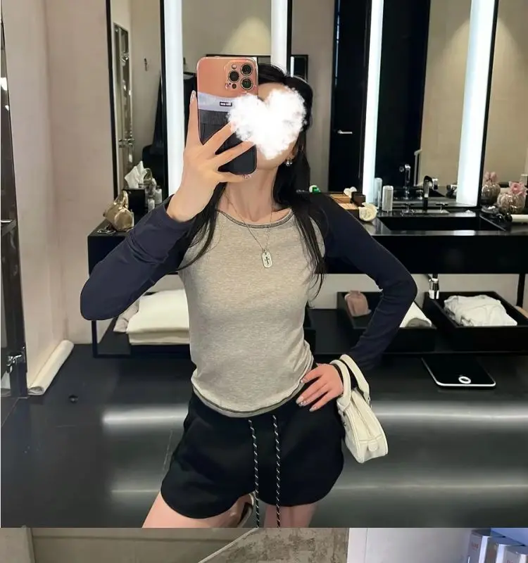 Ice American T-shirt 2026 Summer New Versatile Women Printed Color-blocking Raglan Sleeve Long-sleeve T-shirt Top