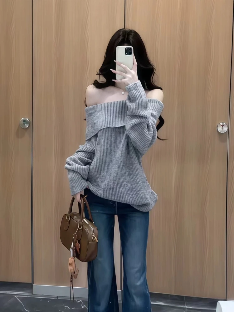 

Свободный крой, корейский вязаный свитер с оulder Bared Long Sve, женский осенне-зимний новый удобный повседневный свитер