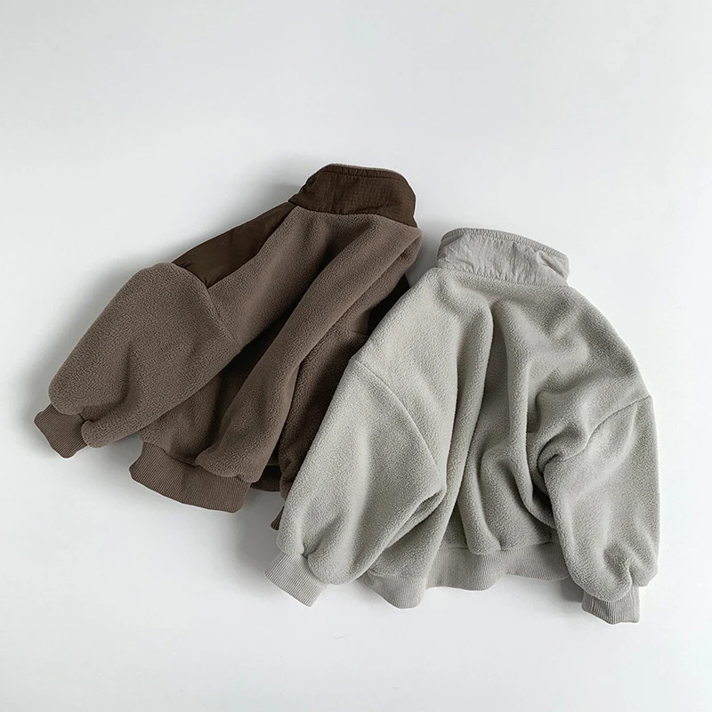 MILANCEL New Winter Children Hoodie 1-7T Simple Color Block Girls Fleece Top Korean Version Loose Kids Warm Clothes