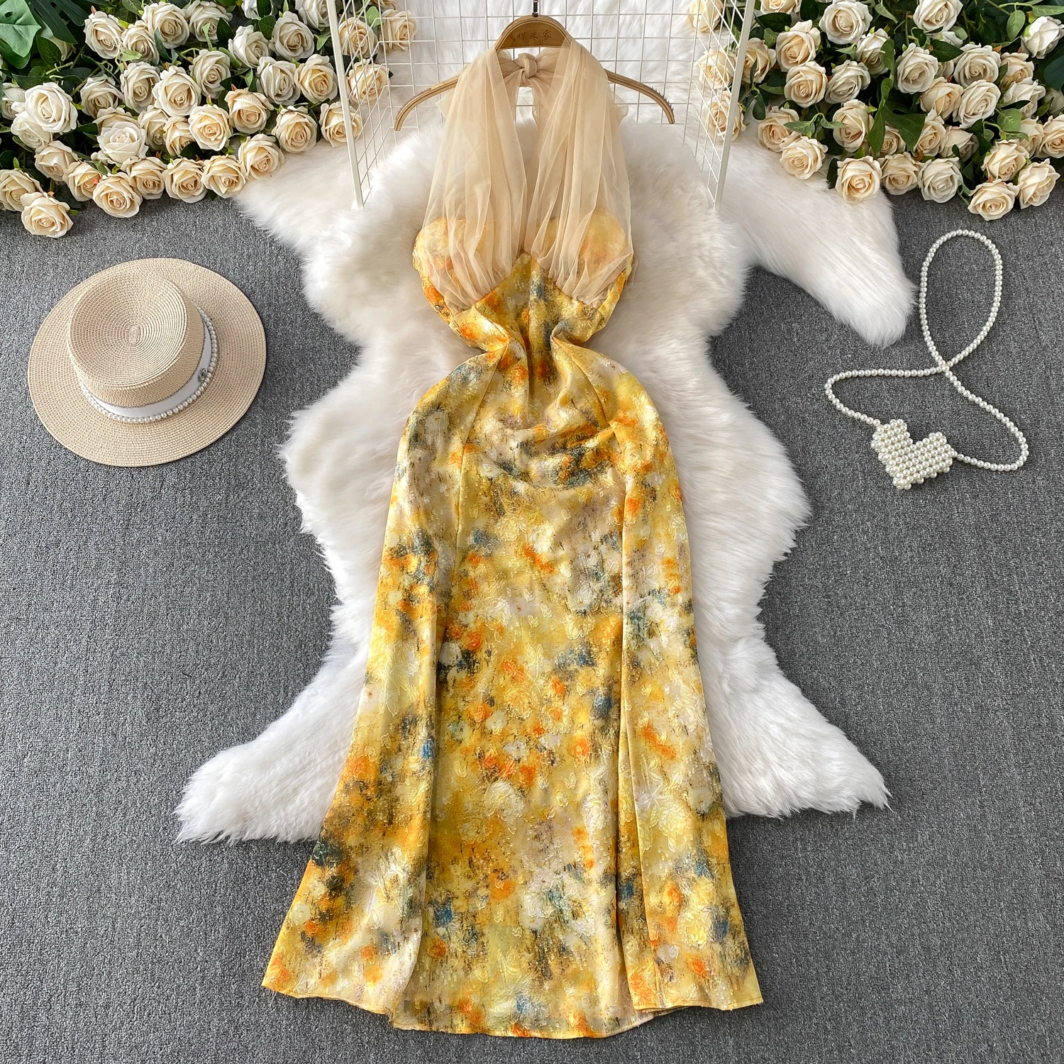 

Элегантное летнее женское платье с V-образным вырезом и сетчатыми вставками, в стиле ретро, жаккардовое, для вечеринок, длинное, с подкладкой на груди