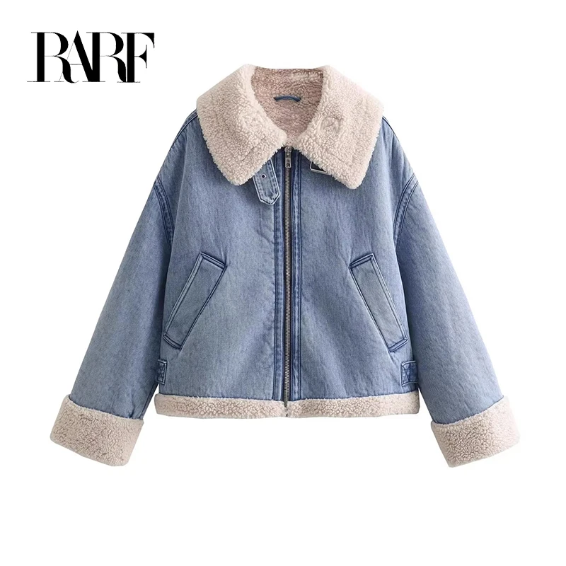 RARF 2024 Women\'s new lapel wash made old blue vintage denim Lamb wool thick warm coat for women