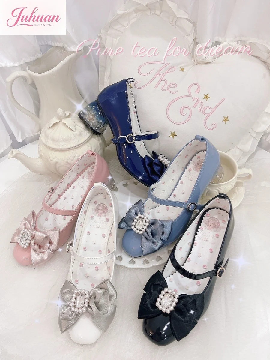 

Original 2025 New Pu Patent Leather High Heels Women's Lolita Bow Pearl Rhinestone Elegant Female Middle Heel Single Pumps girl