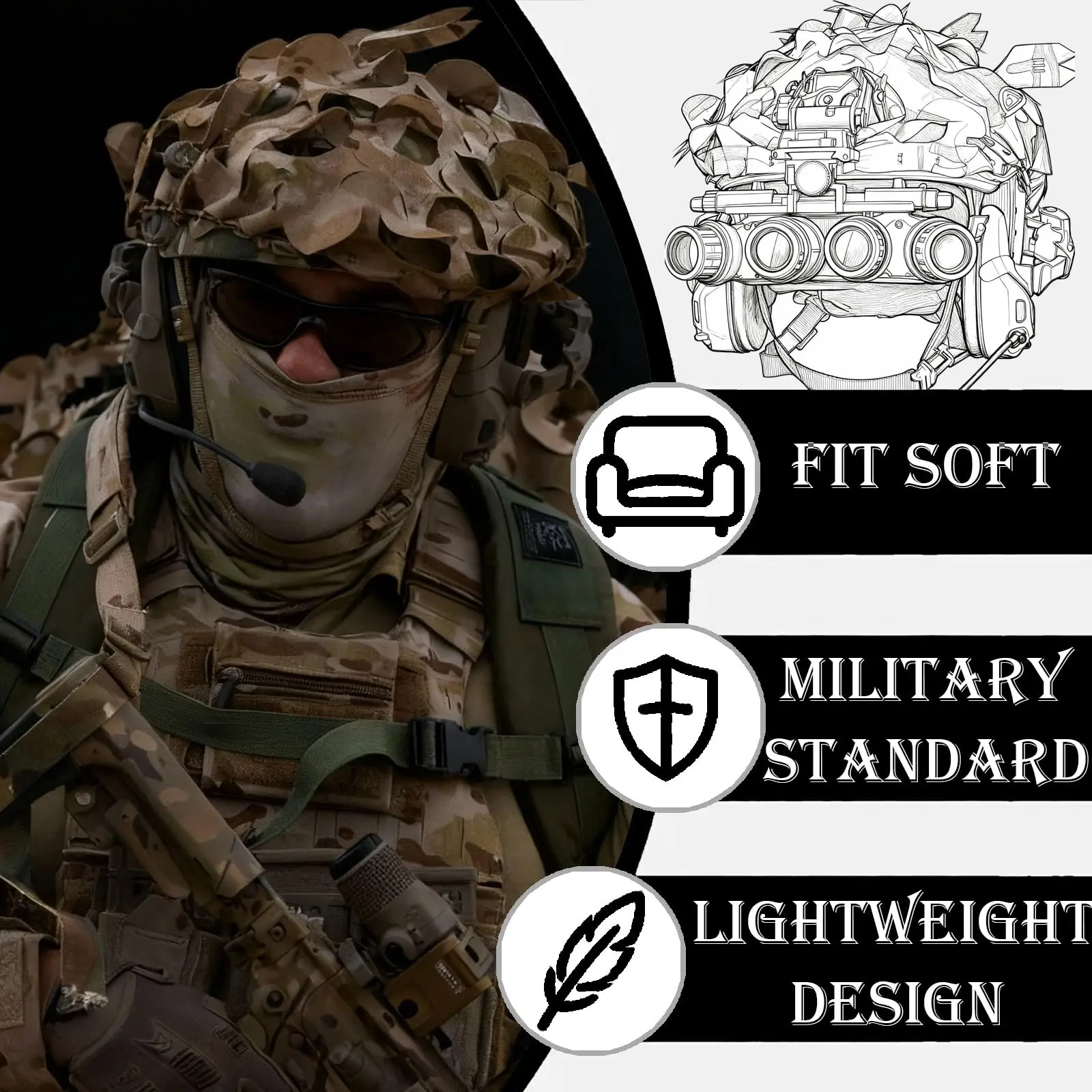 

6-in-1 Fast Tactical Airsoft Helmet Set Outdoor Paintball Bump Helmet Kit with Headset NVG Model Signal Lights for CS Hunting