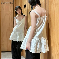 Dresses Women Summer Sweet Girls Lace Patchwork Layering Korean Fashion V-Neck Solid Simple Causal All-match Designed Trendy