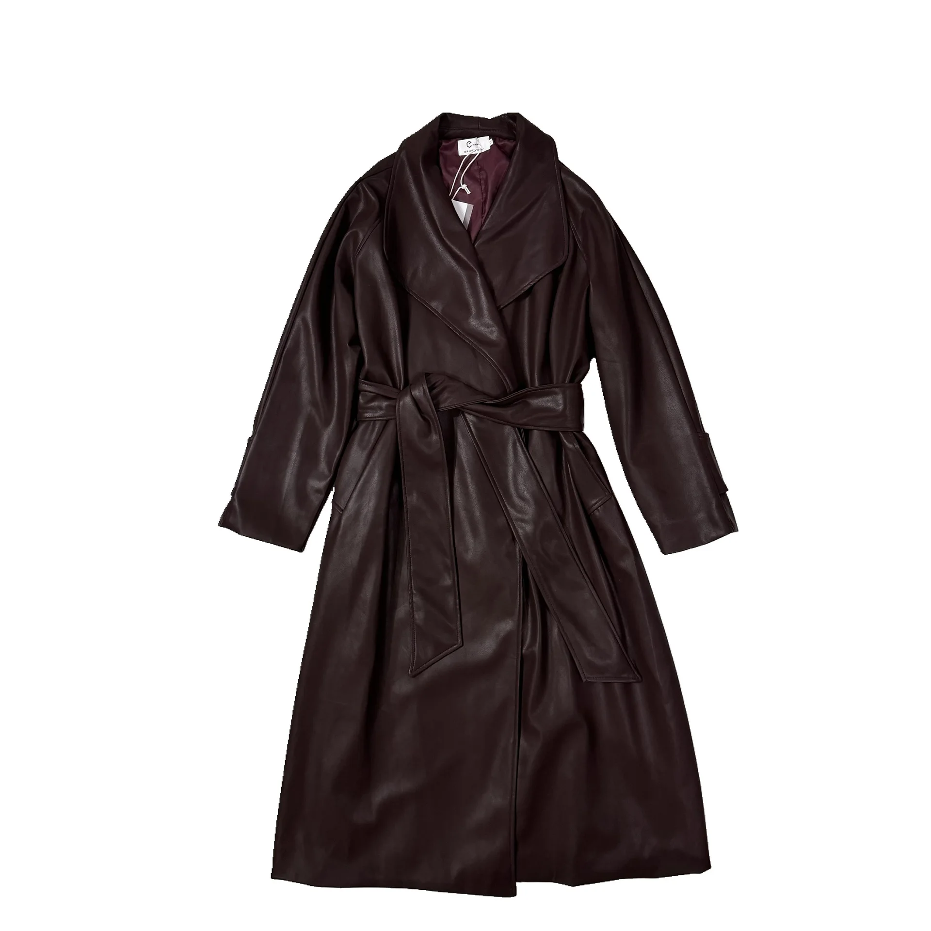 Autumn 2025 New French Temperament Large Lapel Mid-length Leather Jacket Women's Waist Over The Knee Trench Coat