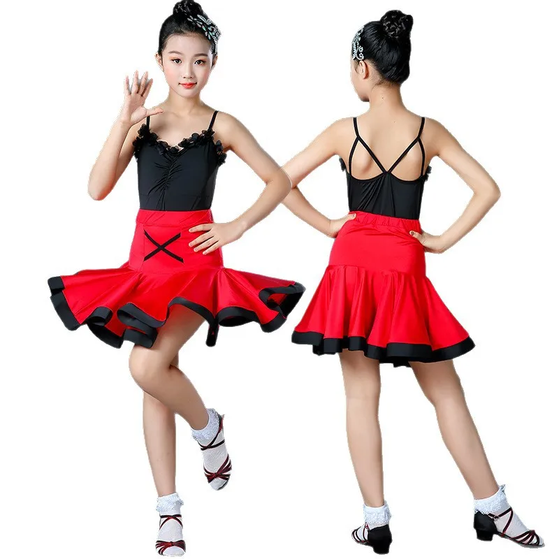 Новый костюм для латинских танцев, детский летний костюм с короткими рукавами, костюм с юбкой на подтяжках для девочек