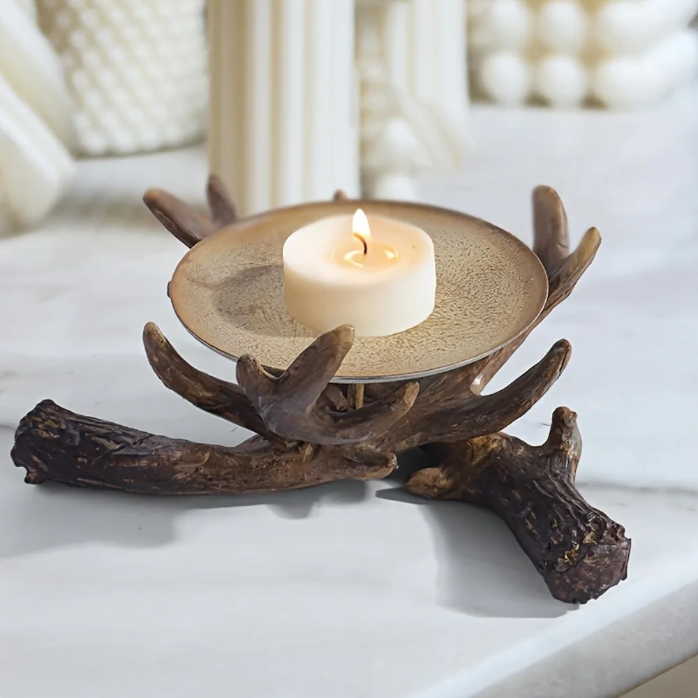 Rustic Antler Candle Holder Handmade Resin Tea Light Stand Decorative Tray for Home Living Room Dining Table Wedding Party Table