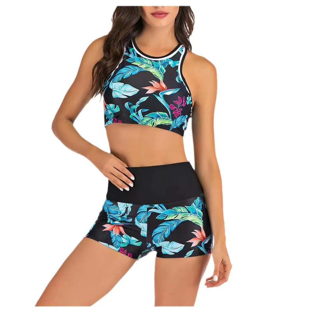 Y2K Bikini Woman Tankini With Shorts Crop Top High Waist Tropical Print Swimwear Blue Green Pink Halter Neck Two Piece Swimsuit view 5
