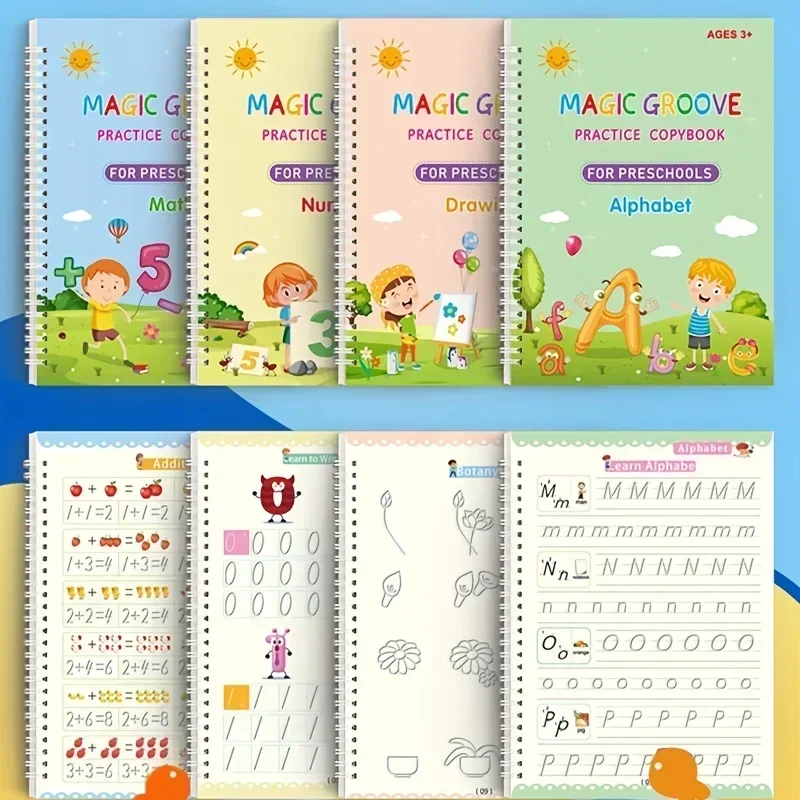 4Pcs/Pack Large Reusable Handwriting Practice Copybook Comfy Tracing Sight Words Grooves Magic Practice Workbook Christmas Gift