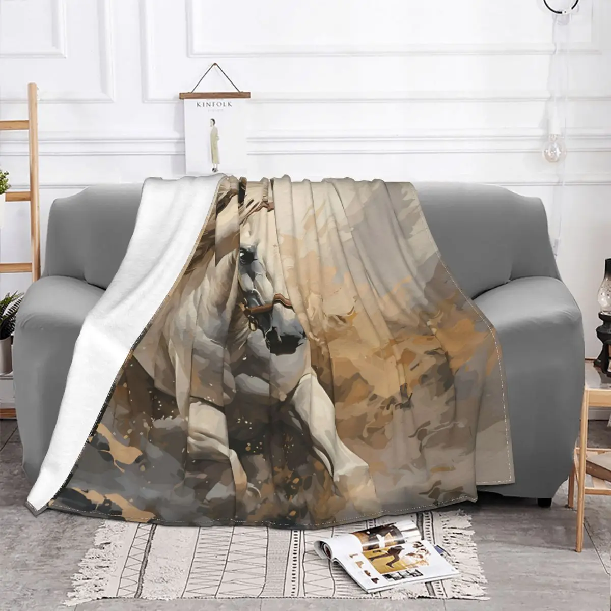 Galloping Horses Blanket Fleece Velvet Autumn/Winter Breathable Hand Drawn White Horse Throw Blankets For home Bedspread