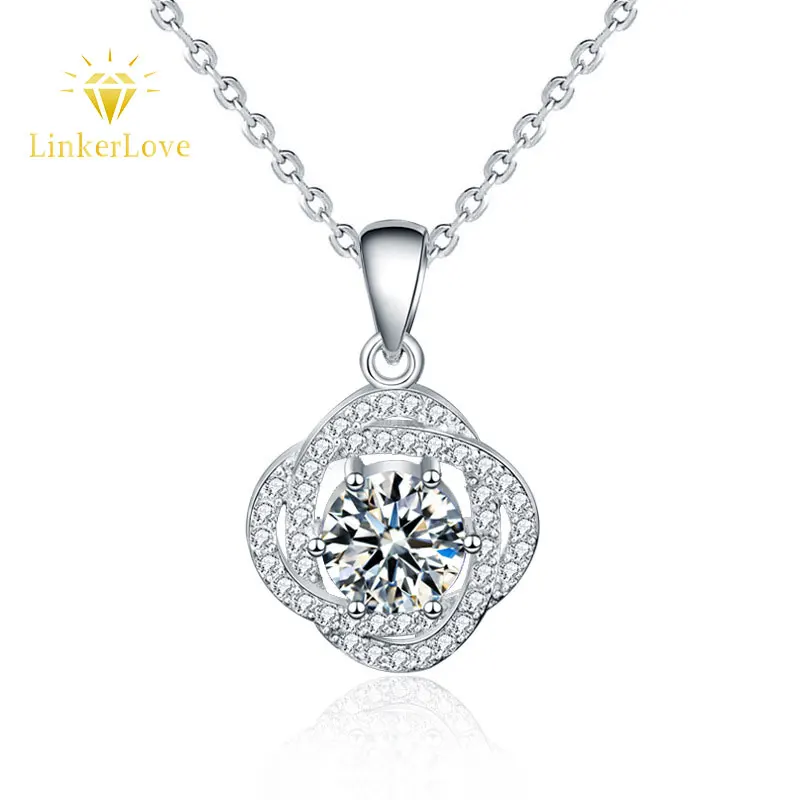 

LinkerLove S925 Silver Love Knot Moissanite Pendant Necklace for Women White Gold Plated Diamond Halo Necklace Wedding Jewelry