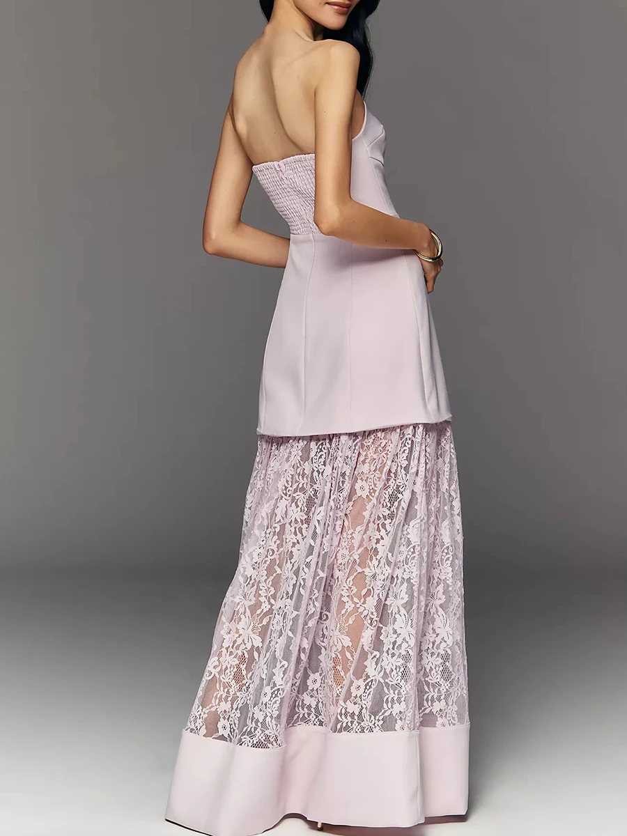 TWOTWINSTYLE Solid Slimming Spliced Mesh Dress for Women Strapless Sleeveless Patchwork Zipper Dresses Female Fashion New Style