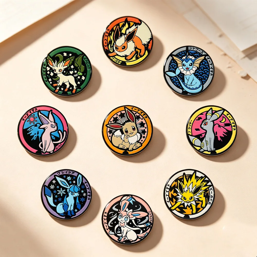 Juego de pines esmaltados Eeveelutions, 9 broches de metal con la linda familia Eevee, pines de solapa de dibujos animados de anime para decoración de ropa y mochilas