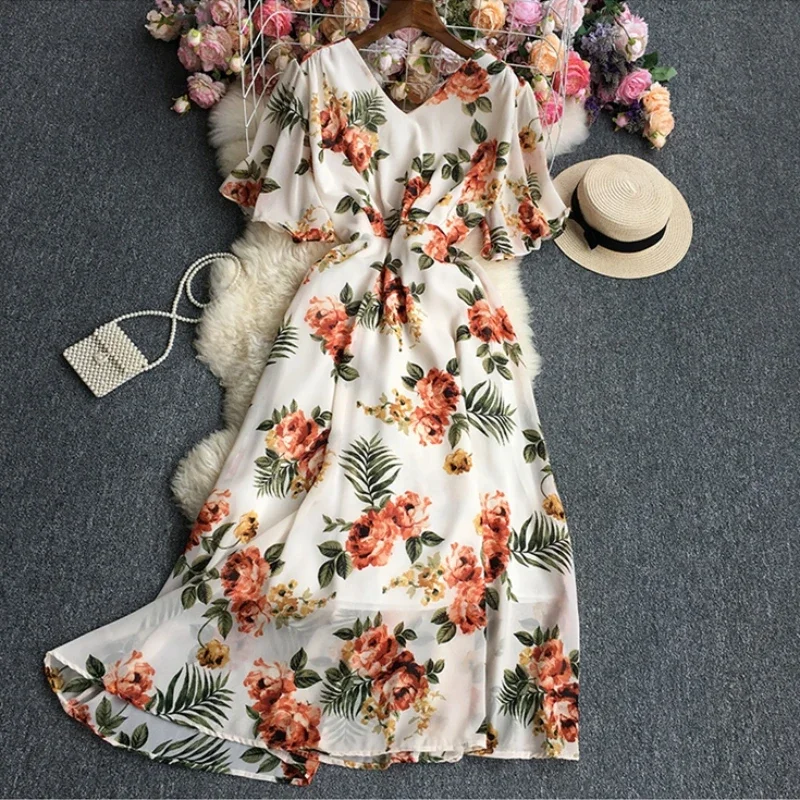 Vestido largo de gasa con estampado Floral para mujer, traje elegante de manga corta con cuello en V, ideal para fiesta y Club, Verano