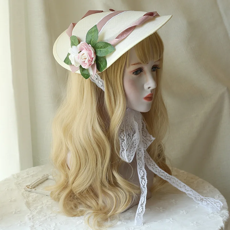 Women Girls Summer Sun Hat Kawaii Lolita Cosplay Lace Flower Bandage Bowknot Straw Hats Ladies Elegant Cap
