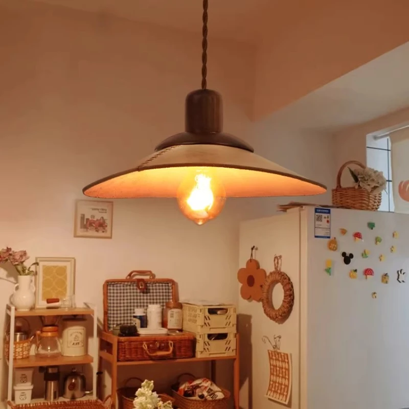 

Wabi Sabi Style Japanese Creative Pendant Light Handmade Wooden Cowhide Lampshade Restaurant Bedroom Homestay Retro Hanging Lamp