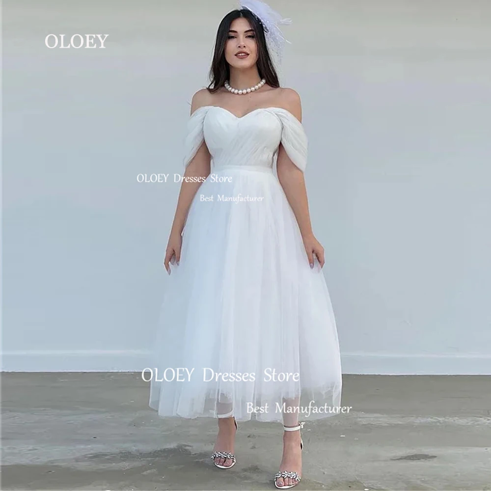 

OLOEY Vintage Ivory Wedding Dress Photoshoot Pleated Silky Tulle Sweetheart A Line Bridal Gown Off The Shoulder Robe de marriage